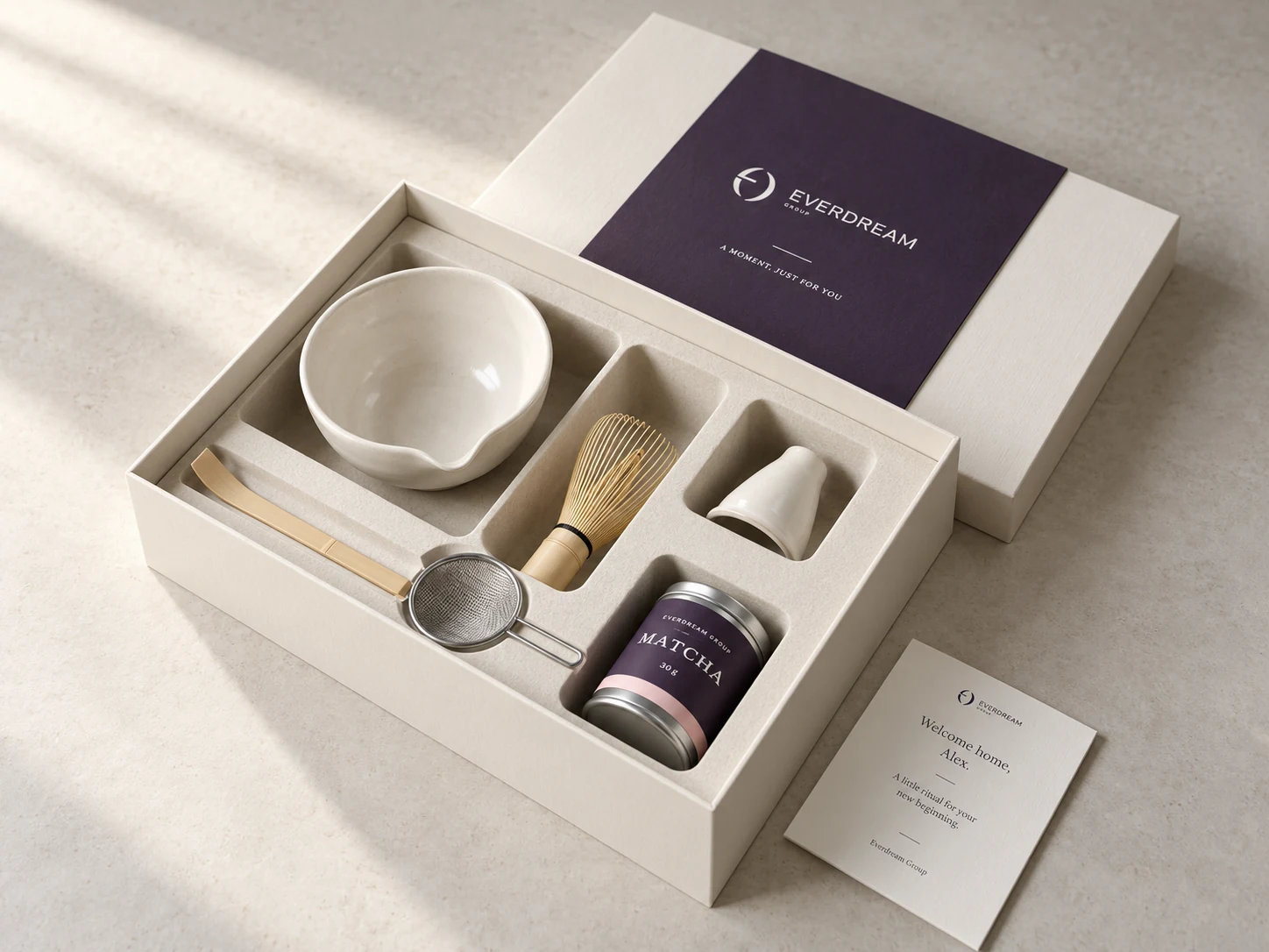 Everdream matcha gift set concept with ivory ceramics, bamboo tools and a matcha tin