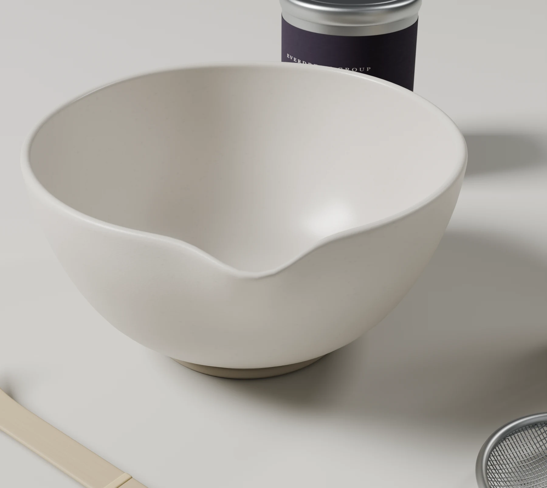 Detail render of the ivory ceramic matcha bowl and its pouring lip